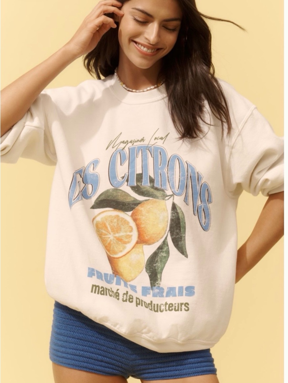 Anthropologie White Crewneck Sweatshirt with Blue 'Les Citrons' Graphic